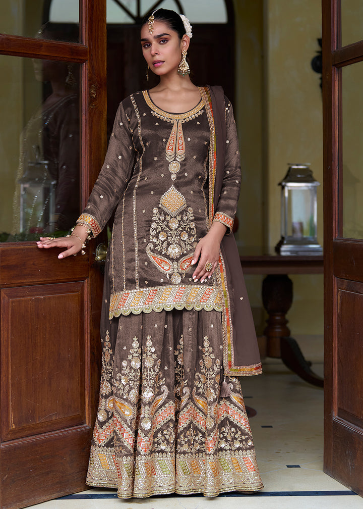 Buy Now Trendy Brown Shimmer Silk Silk Lehenga Style Suit Online in Newark, Yorktown, Toronto, London, Munich, Chicago, Denver, Paris & Worldwide at Empress.