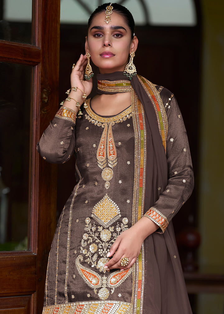 Buy Now Trendy Brown Shimmer Silk Silk Lehenga Style Suit Online in Newark, Yorktown, Toronto, London, Munich, Chicago, Denver, Paris & Worldwide at Empress.