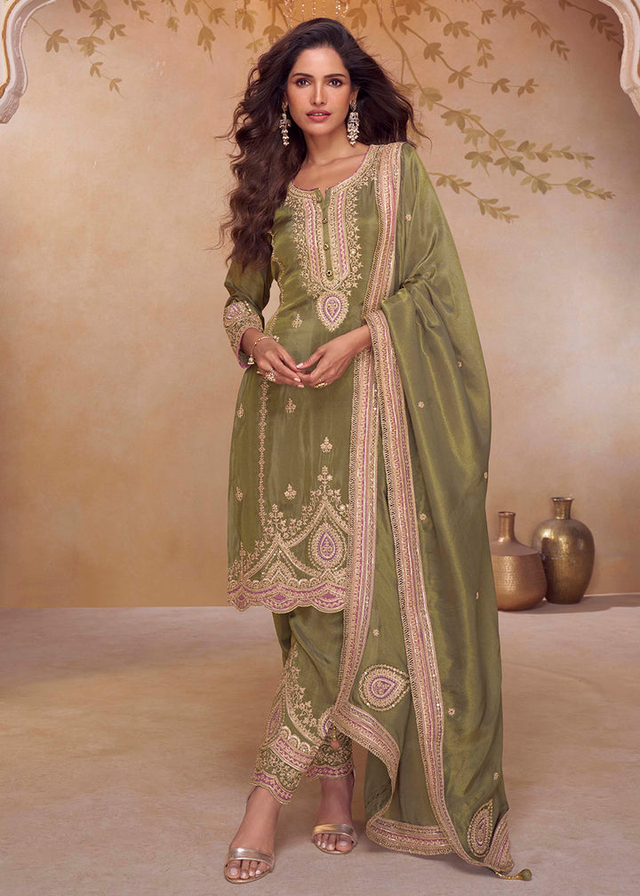 Buy Now Festive Shimmer Silk Green Embroidered Pant Style Suit Online in Newark, Yorktown, Toronto, London, Orlando, Munich, Chicago & Worldwide at Empress.