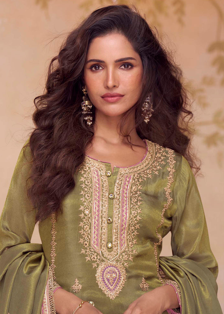 Buy Now Festive Shimmer Silk Green Embroidered Pant Style Suit Online in Newark, Yorktown, Toronto, London, Orlando, Munich, Chicago & Worldwide at Empress.