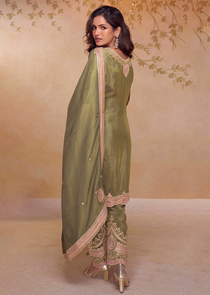 Buy Now Festive Shimmer Silk Green Embroidered Pant Style Suit Online in Newark, Yorktown, Toronto, London, Orlando, Munich, Chicago & Worldwide at Empress.
