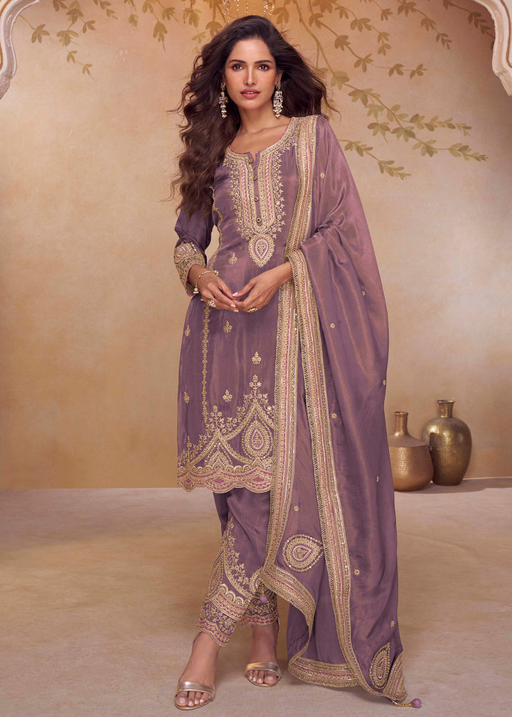 Buy Now Festive Shimmer Silk Purple Embroidered Pant Style Suit Online in Newark, Yorktown, Toronto, London, Orlando, Munich, Chicago & Worldwide at Empress.