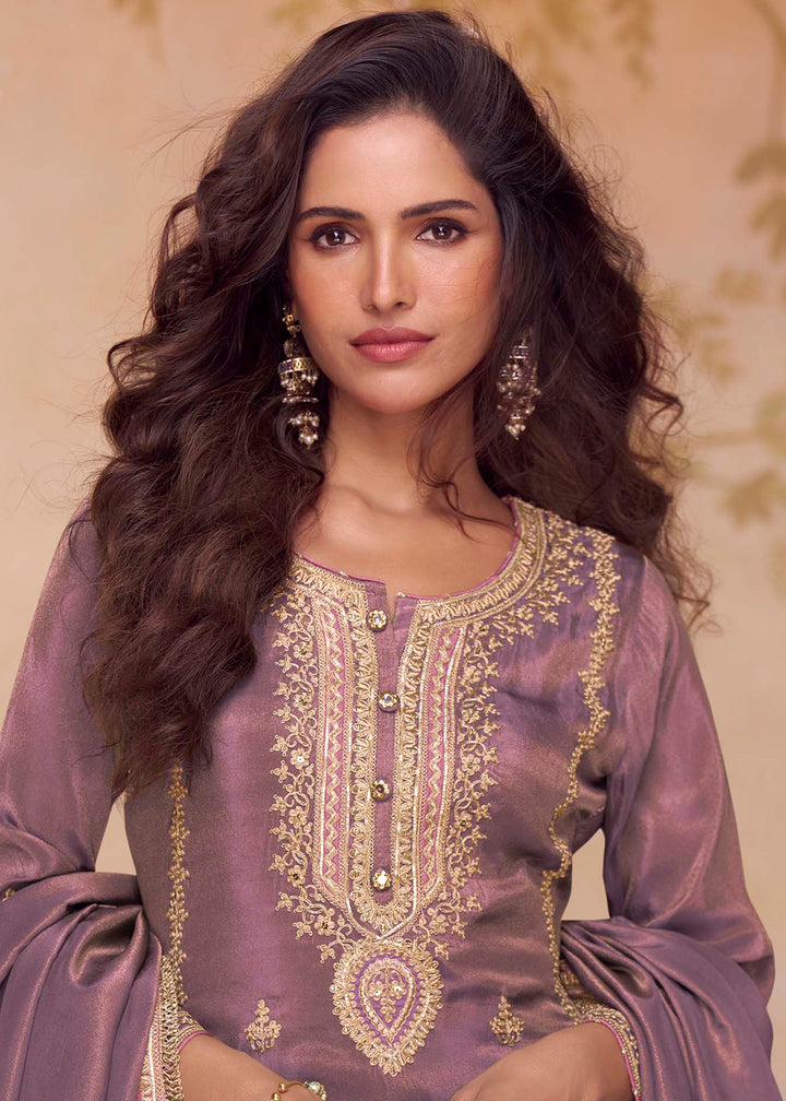 Buy Now Festive Shimmer Silk Purple Embroidered Pant Style Suit Online in Newark, Yorktown, Toronto, London, Orlando, Munich, Chicago & Worldwide at Empress.