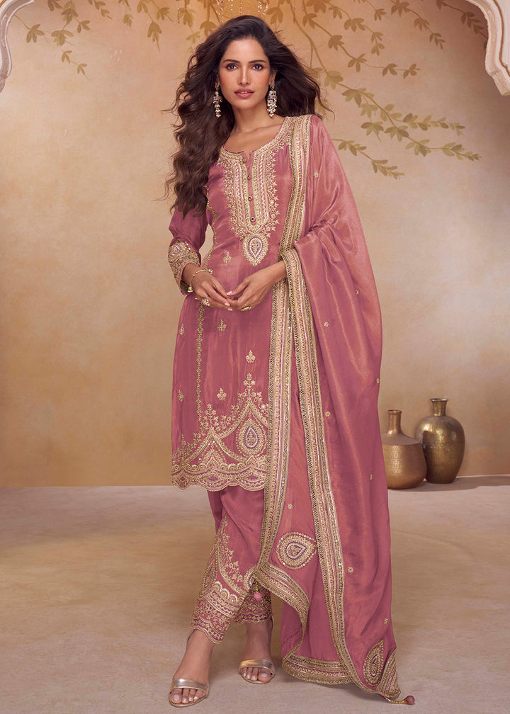 Buy Now Festive Shimmer Silk Pink Embroidered Pant Style Suit Online in Newark, Yorktown, Toronto, London, Orlando, Munich, Chicago & Worldwide at Empress.