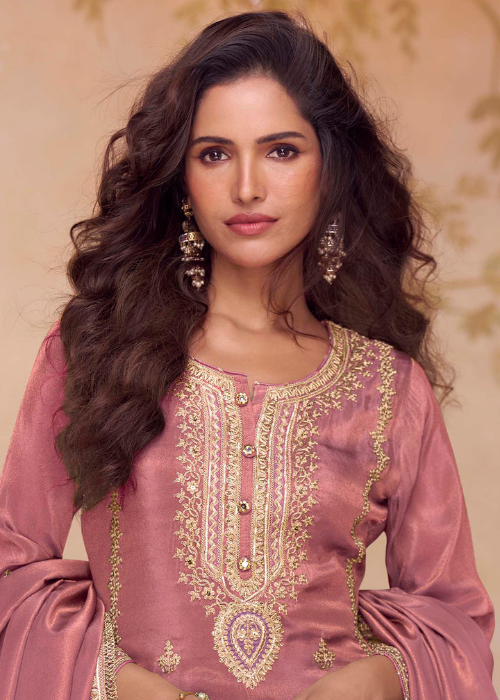 Buy Now Festive Shimmer Silk Pink Embroidered Pant Style Suit Online in Newark, Yorktown, Toronto, London, Orlando, Munich, Chicago & Worldwide at Empress.