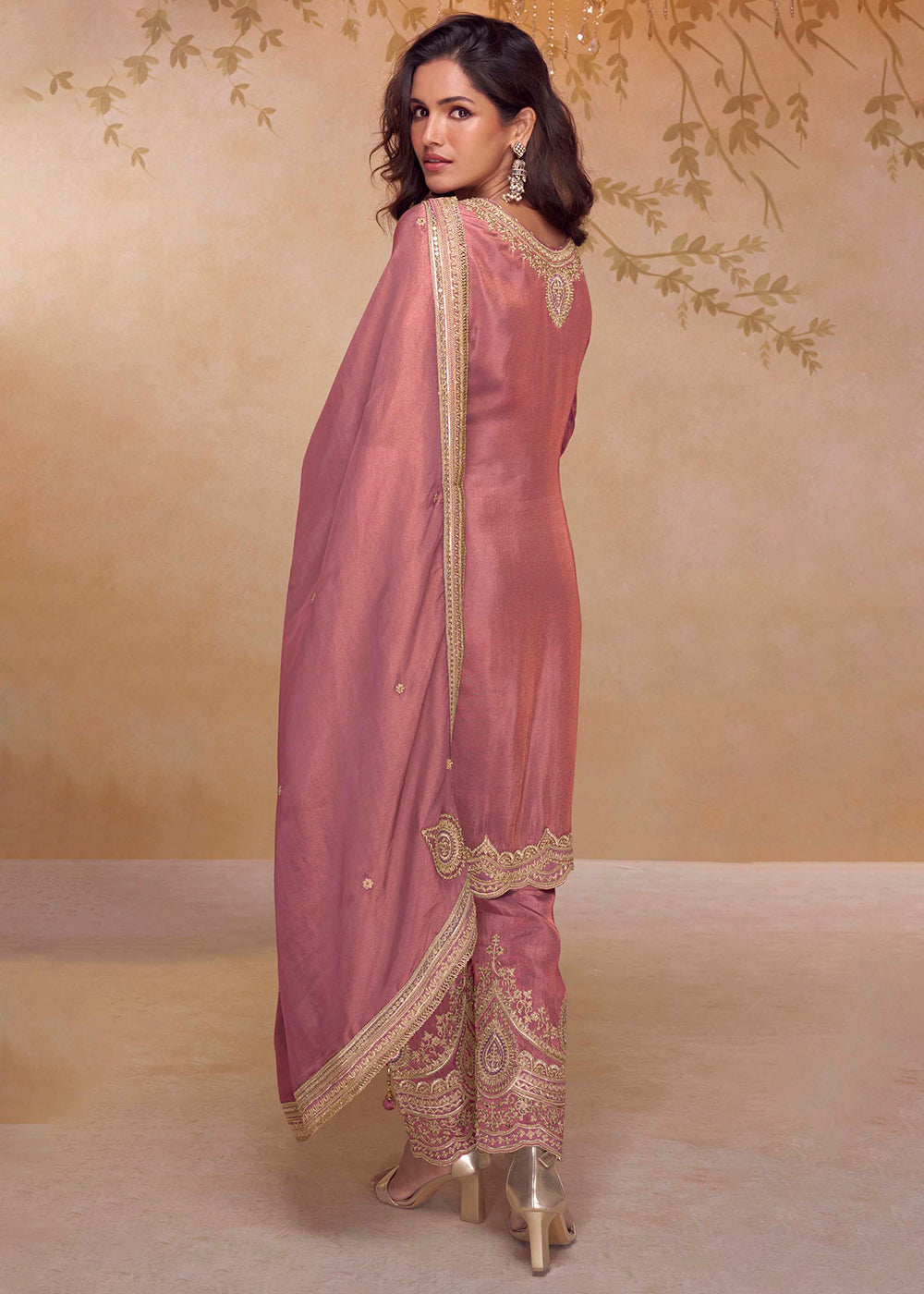 Buy Now Festive Shimmer Silk Pink Embroidered Pant Style Suit Online in Newark, Yorktown, Toronto, London, Orlando, Munich, Chicago & Worldwide at Empress.