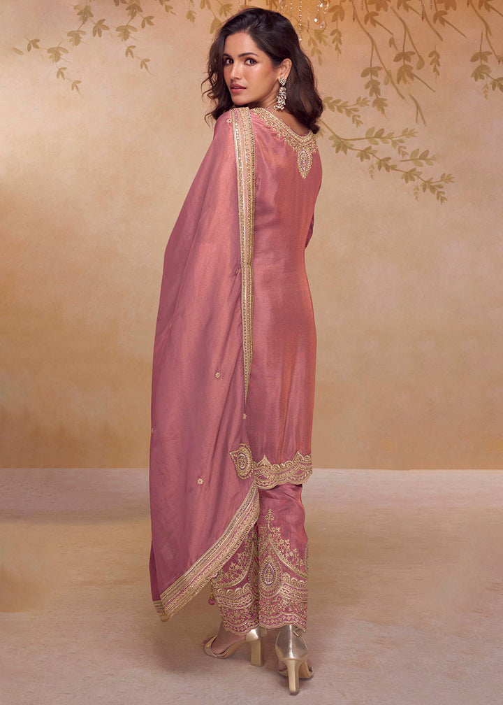 Buy Now Festive Shimmer Silk Pink Embroidered Pant Style Suit Online in Newark, Yorktown, Toronto, London, Orlando, Munich, Chicago & Worldwide at Empress.