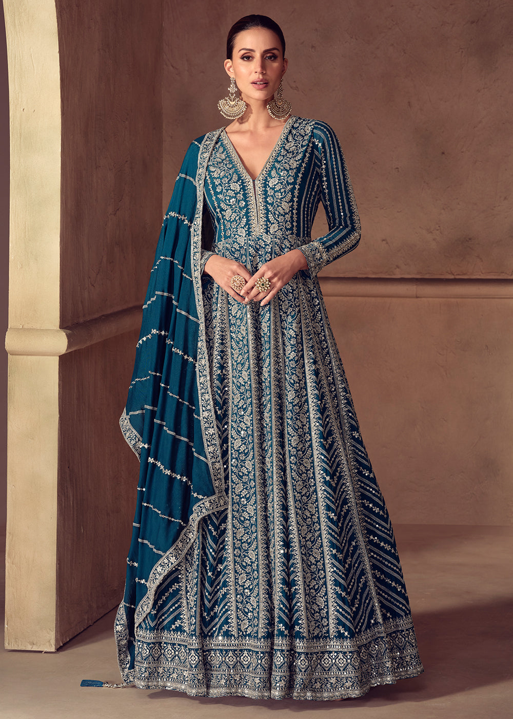 Buy NowPrussian Blue Chinnon Wedding Style Anarkali Gown Online in USA, UK, Sweden, Denmark, Greece, Germany, Canada, Belgium, Austria & Worldwide at Empress.