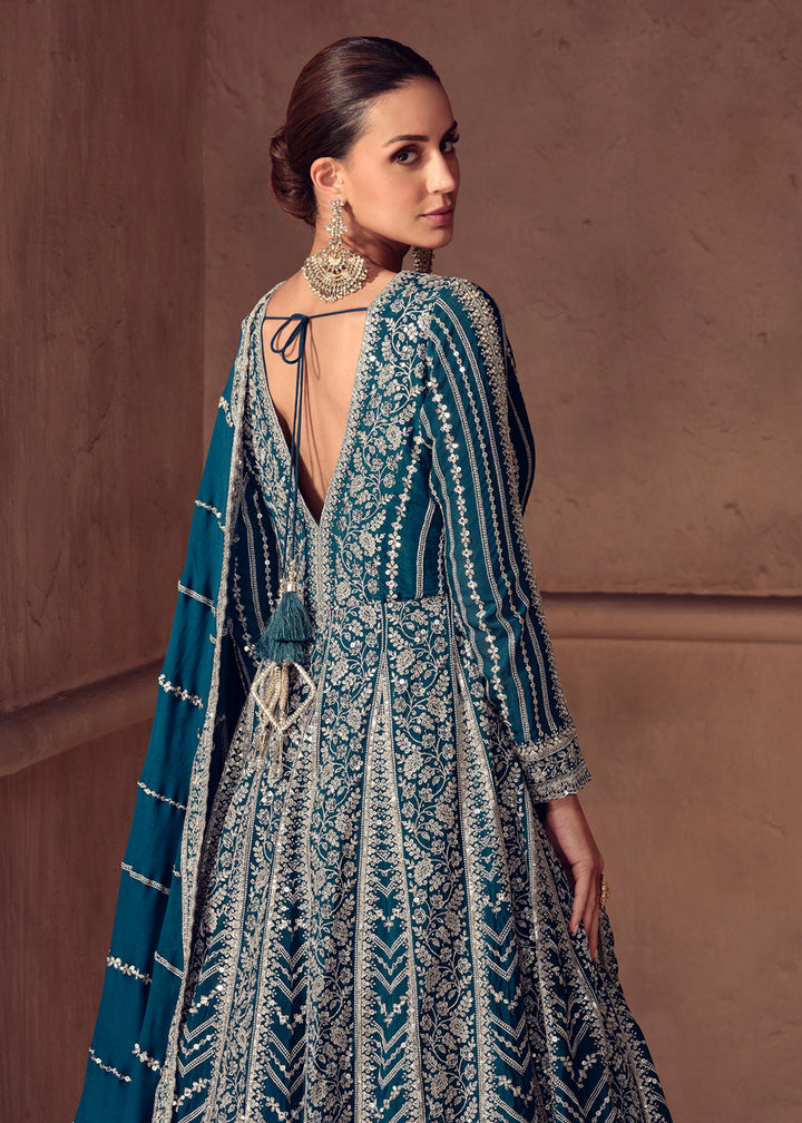 Buy Now Prussian Blue Chinnon Wedding Style Anarkali Gown Online in USA, UK, Sweden, Denmark, Greece, Germany, Canada, Belgium, Austria & Worldwide at Empress.