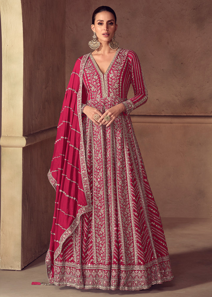 Buy Now Hot Pink Chinnon Wedding Style Anarkali Gown Online in USA, UK, Sweden, Denmark, Greece, Germany, Canada, Belgium, Austria, UAE & Worldwide at Empress.