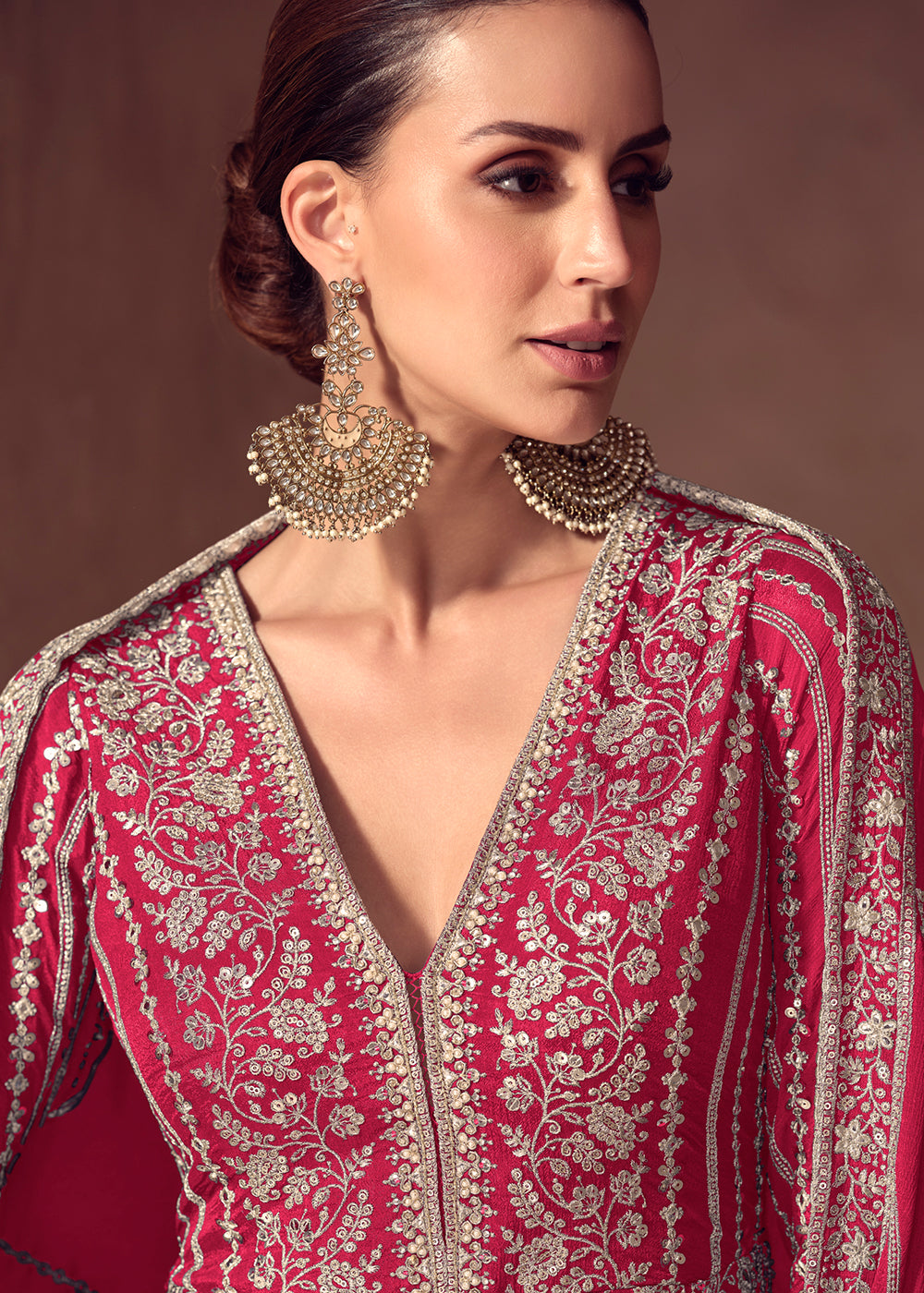 Buy Now Hot Pink Chinnon Wedding Style Anarkali Gown Online in USA, UK, Sweden, Denmark, Greece, Germany, Canada, Belgium, Austria, UAE & Worldwide at Empress.