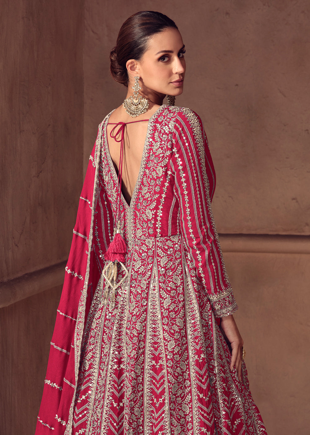 Buy Now Hot Pink Chinnon Wedding Style Anarkali Gown Online in USA, UK, Sweden, Denmark, Greece, Germany, Canada, Belgium, Austria, UAE & Worldwide at Empress.