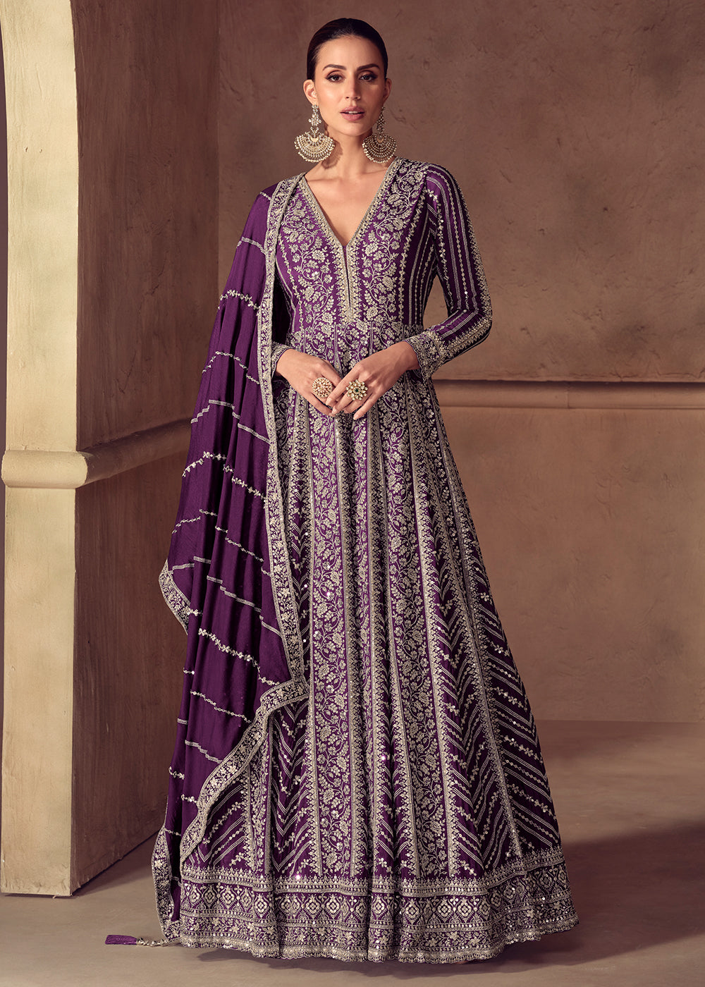 Buy Now Plum Purple Chinnon Wedding Style Anarkali Gown Online in USA, UK, Sweden, Denmark, Greece, Germany, Canada, Belgium, Austria, UAE & Worldwide at Empress.