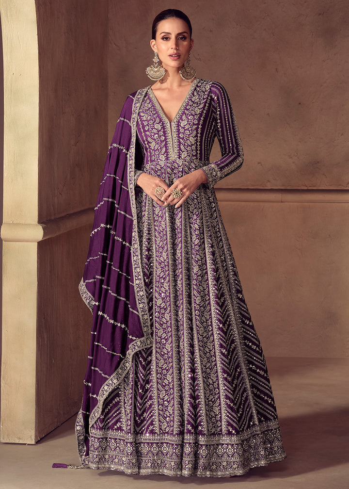 Buy Now Plum Purple Chinnon Wedding Style Anarkali Gown Online in USA, UK, Sweden, Denmark, Greece, Germany, Canada, Belgium, Austria, UAE & Worldwide at Empress.