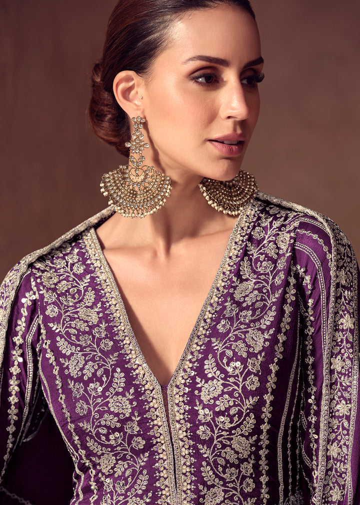 Buy Now Plum Purple Chinnon Wedding Style Anarkali Gown Online in USA, UK, Sweden, Denmark, Greece, Germany, Canada, Belgium, Austria, UAE & Worldwide at Empress.