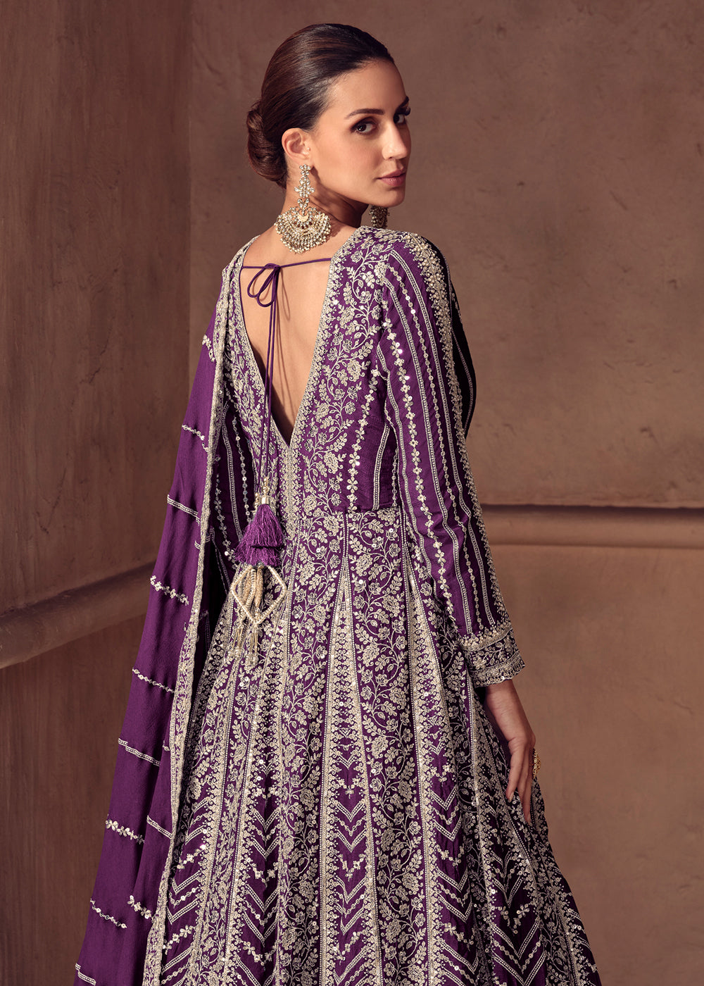 Buy Now Plum Purple Chinnon Wedding Style Anarkali Gown Online in USA, UK, Sweden, Denmark, Greece, Germany, Canada, Belgium, Austria, UAE & Worldwide at Empress.