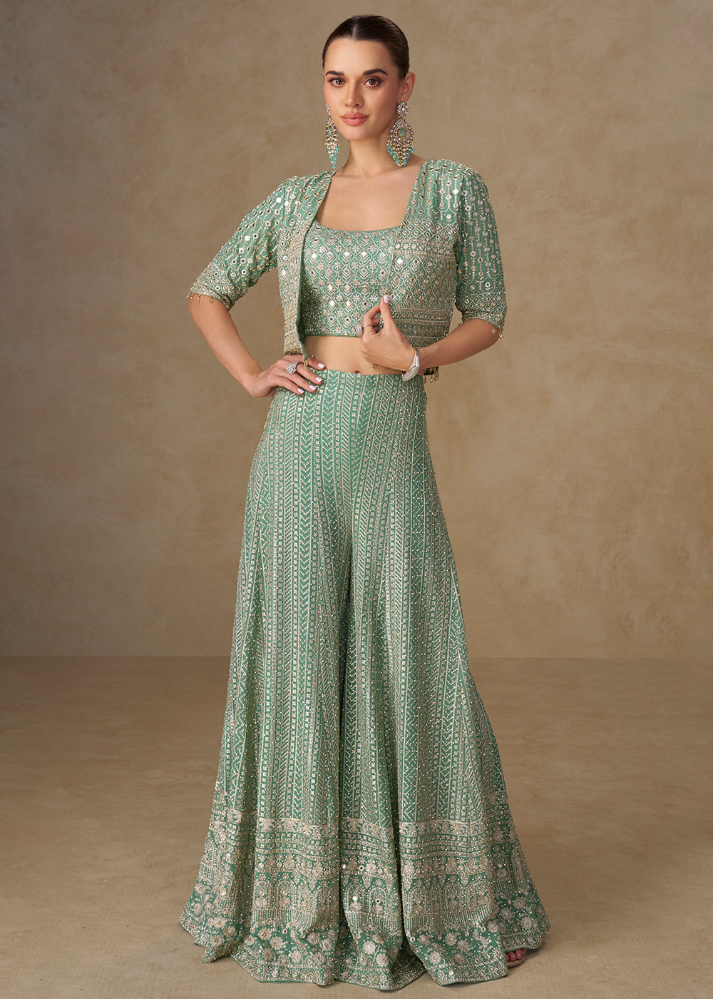 Buy Now Sea Blue Crop Top Style Indo Western Palazzo Suit Online in Newark, Miami, Toronto, London, Bayern, Austin, Denver, New York  & Worldwide at Empress.