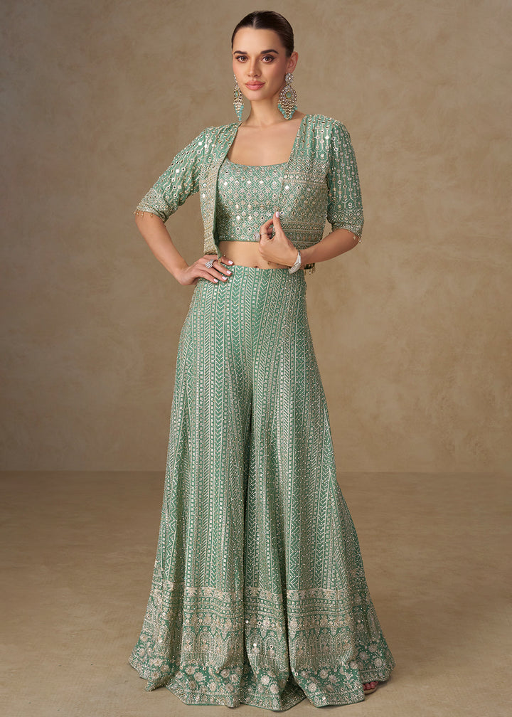 Buy Now Sea Blue Crop Top Style Indo Western Palazzo Suit Online in Newark, Miami, Toronto, London, Bayern, Austin, Denver, New York  & Worldwide at Empress.