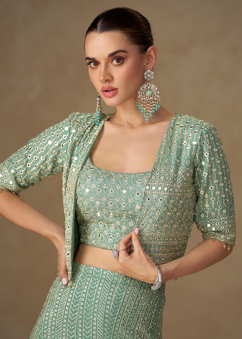 Buy Now Sea Blue Crop Top Style Indo Western Palazzo Suit Online in Newark, Miami, Toronto, London, Bayern, Austin, Denver, New York  & Worldwide at Empress.