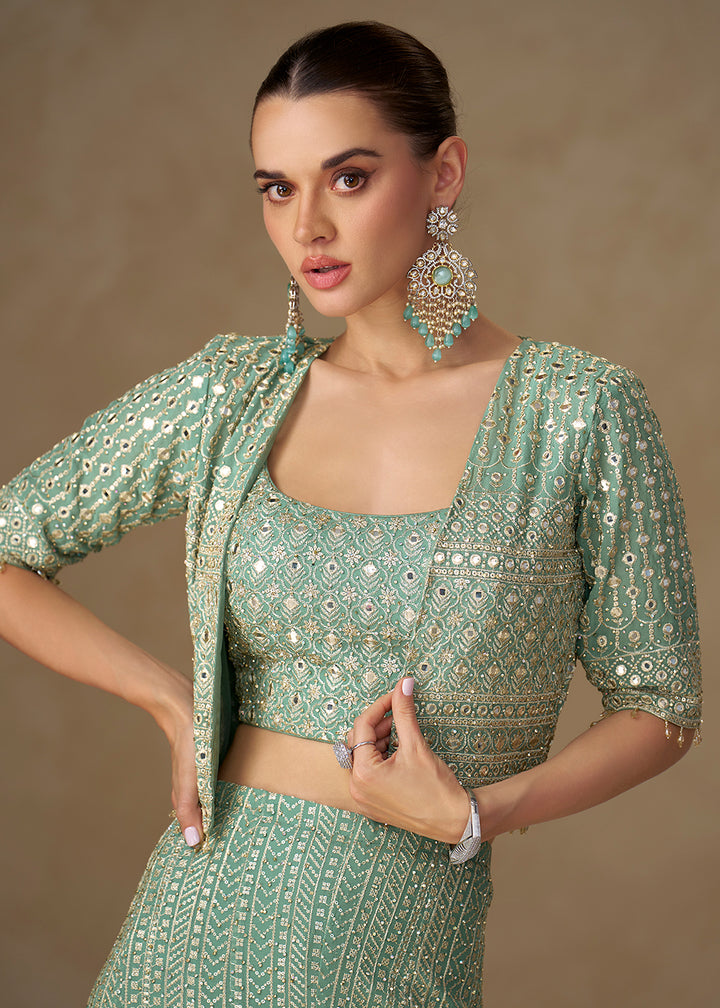 Buy Now Sea Blue Crop Top Style Indo Western Palazzo Suit Online in Newark, Miami, Toronto, London, Bayern, Austin, Denver, New York  & Worldwide at Empress.