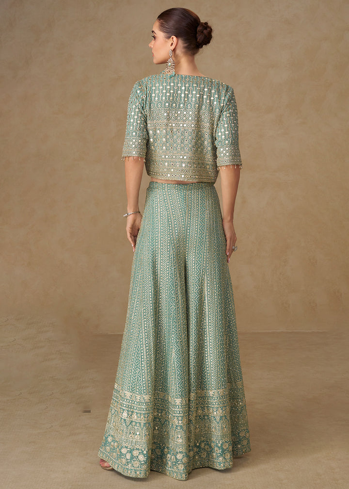 Buy Now Sea Blue Crop Top Style Indo Western Palazzo Suit Online in Newark, Miami, Toronto, London, Bayern, Austin, Denver, New York  & Worldwide at Empress.