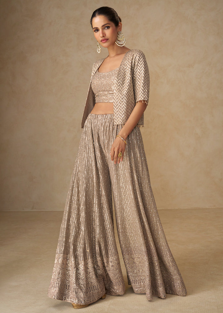 Buy Now Beige Crop Top Style Indo Western Palazzo Suit Online in Newark, Miami, Toronto, London, Bayern, Austin, Denver, New York, UAE  & Worldwide at Empress.
