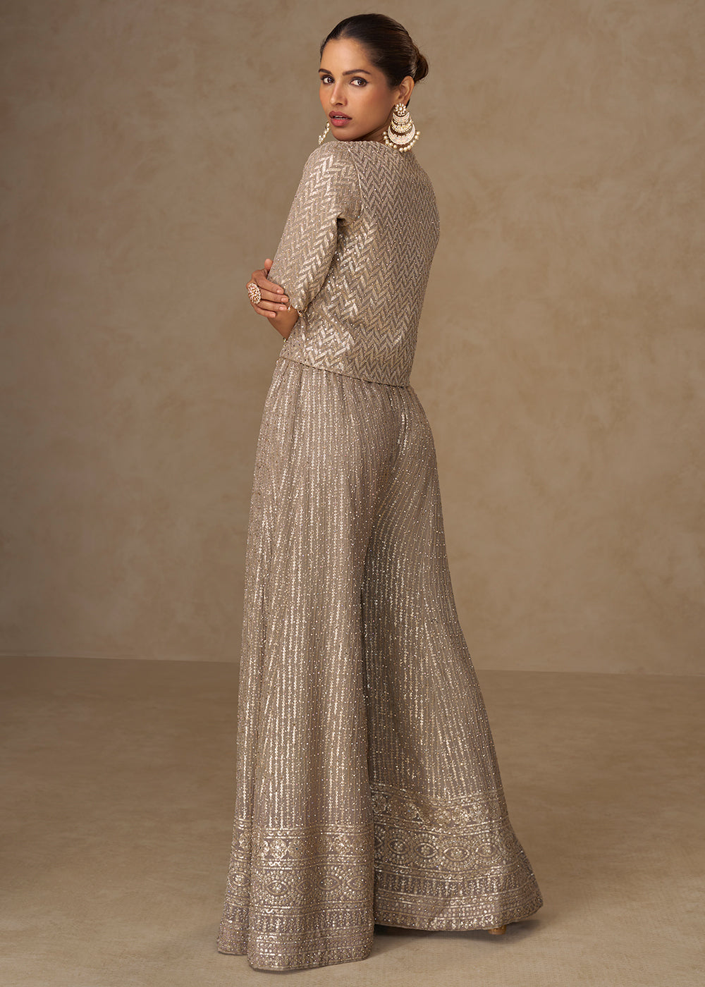 Buy Now Beige Crop Top Style Indo Western Palazzo Suit Online in Newark, Miami, Toronto, London, Bayern, Austin, Denver, New York, UAE  & Worldwide at Empress.