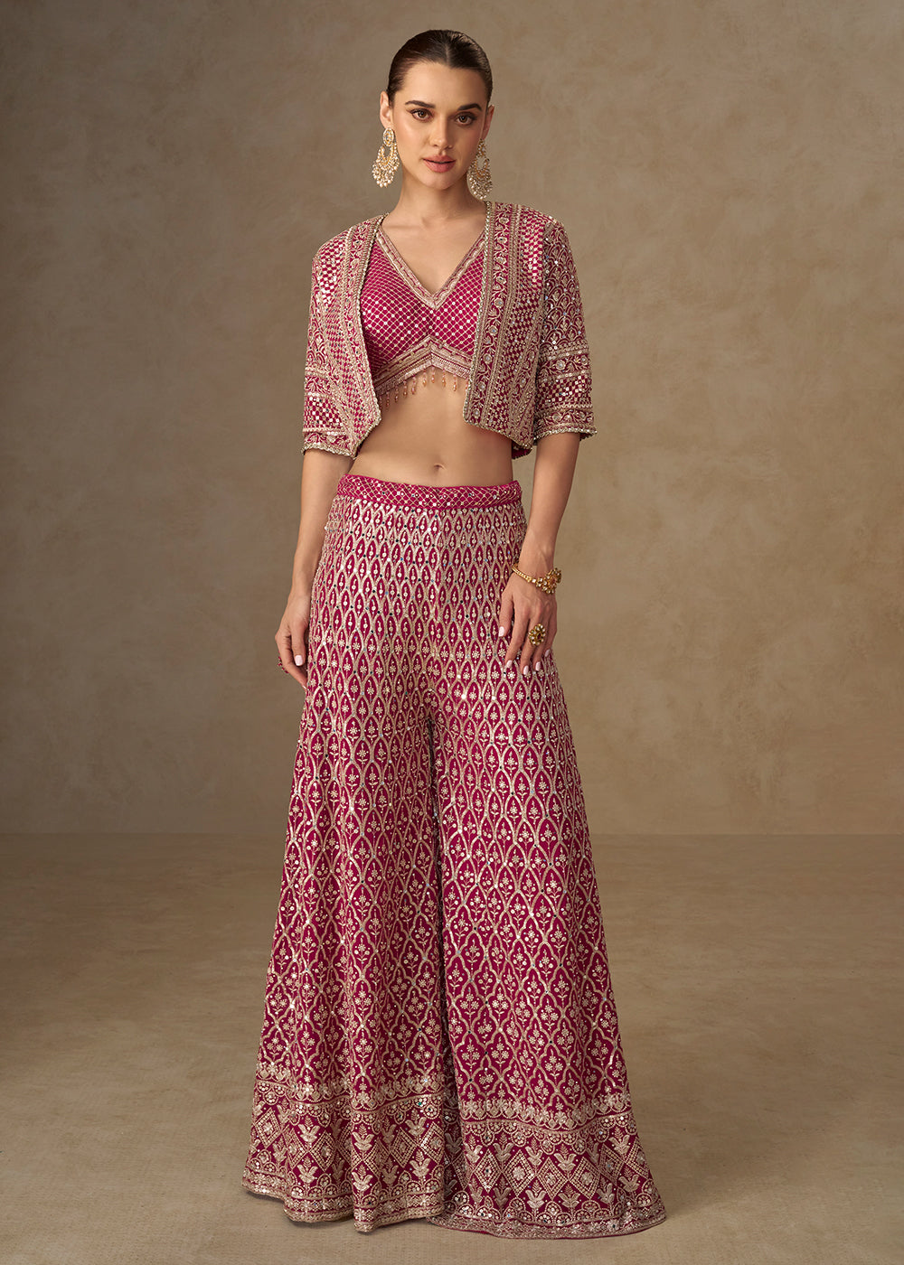 Buy Now Hot Pink Crop Top Style Indo Western Palazzo Suit Online in Newark, Miami, Toronto, London, Bayern, Austin, Denver, New York & Worldwide at Empress.