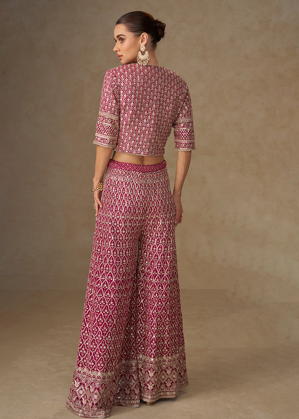 Buy Now Hot Pink Crop Top Style Indo Western Palazzo Suit Online in Newark, Miami, Toronto, London, Bayern, Austin, Denver, New York & Worldwide at Empress.