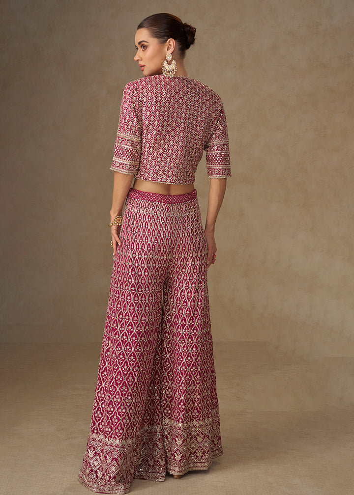 Buy Now Hot Pink Crop Top Style Indo Western Palazzo Suit Online in Newark, Miami, Toronto, London, Bayern, Austin, Denver, New York & Worldwide at Empress.