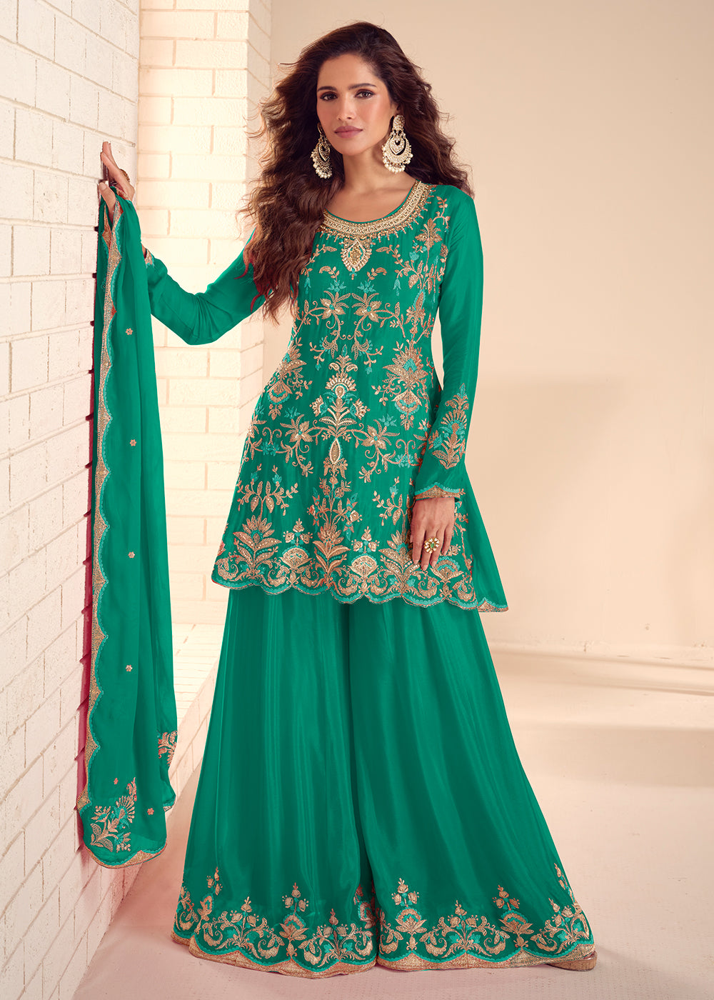 Buy Now Festive Rama Green Flared Palazzo Suit with Embroidery Online in Newark, Miami, Toronto, London, Bayern, Austin, Denver, New York & Worldwide at Empress.