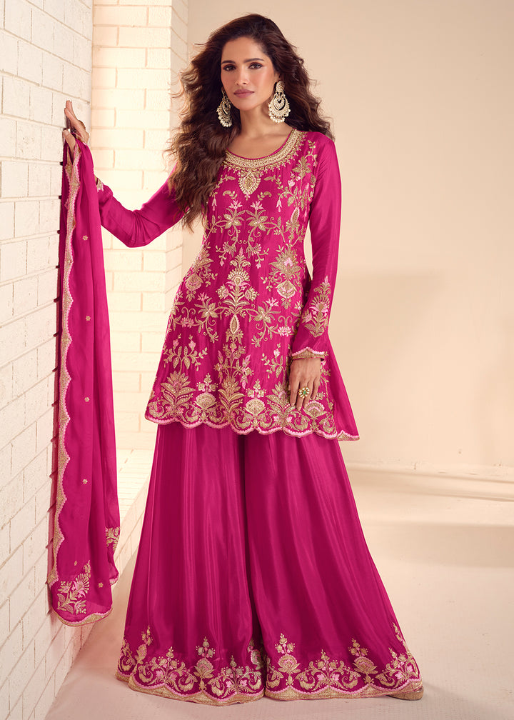 Buy Now Festive Rani Pink Flared Palazzo Suit with Embroidery Online in Newark, Miami, Toronto, London, Bayern, Austin, Denver, New York & Worldwide at Empress.
