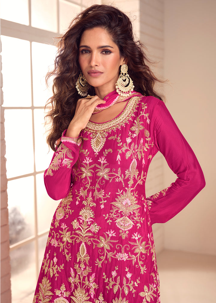 Buy Now Festive Rani Pink Flared Palazzo Suit with Embroidery Online in Newark, Miami, Toronto, London, Bayern, Austin, Denver, New York & Worldwide at Empress.