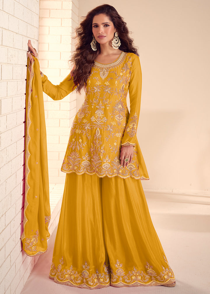 Buy Now Festive Mustard Flared Palazzo Suit with Embroidery Online in Newark, Miami, Toronto, London, Bayern, Austin, Denver, New York & Worldwide at Empress.