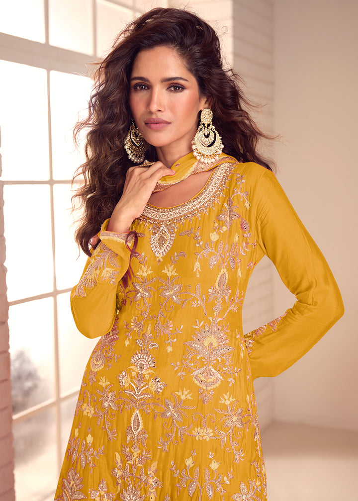 Buy Now Festive Mustard Flared Palazzo Suit with Embroidery Online in Newark, Miami, Toronto, London, Bayern, Austin, Denver, New York & Worldwide at Empress.