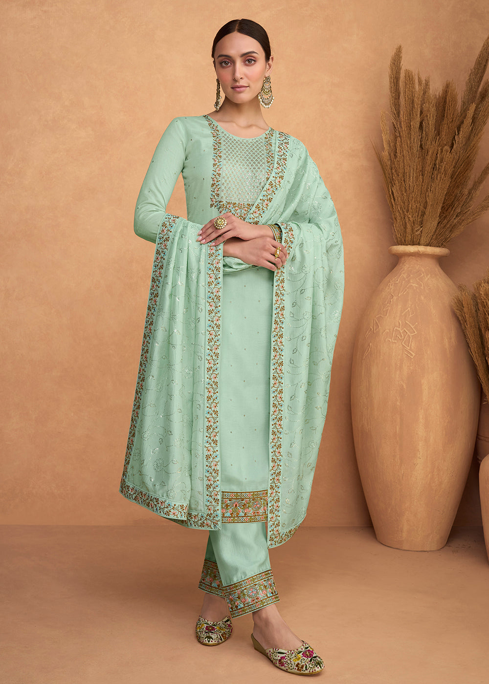 Buy Now Beautiful Sea Green Premium Silk Pant Style Salwar Suit Online in USA, UK, Canada, Germany, Australia & Worldwide at Empress Clothing.