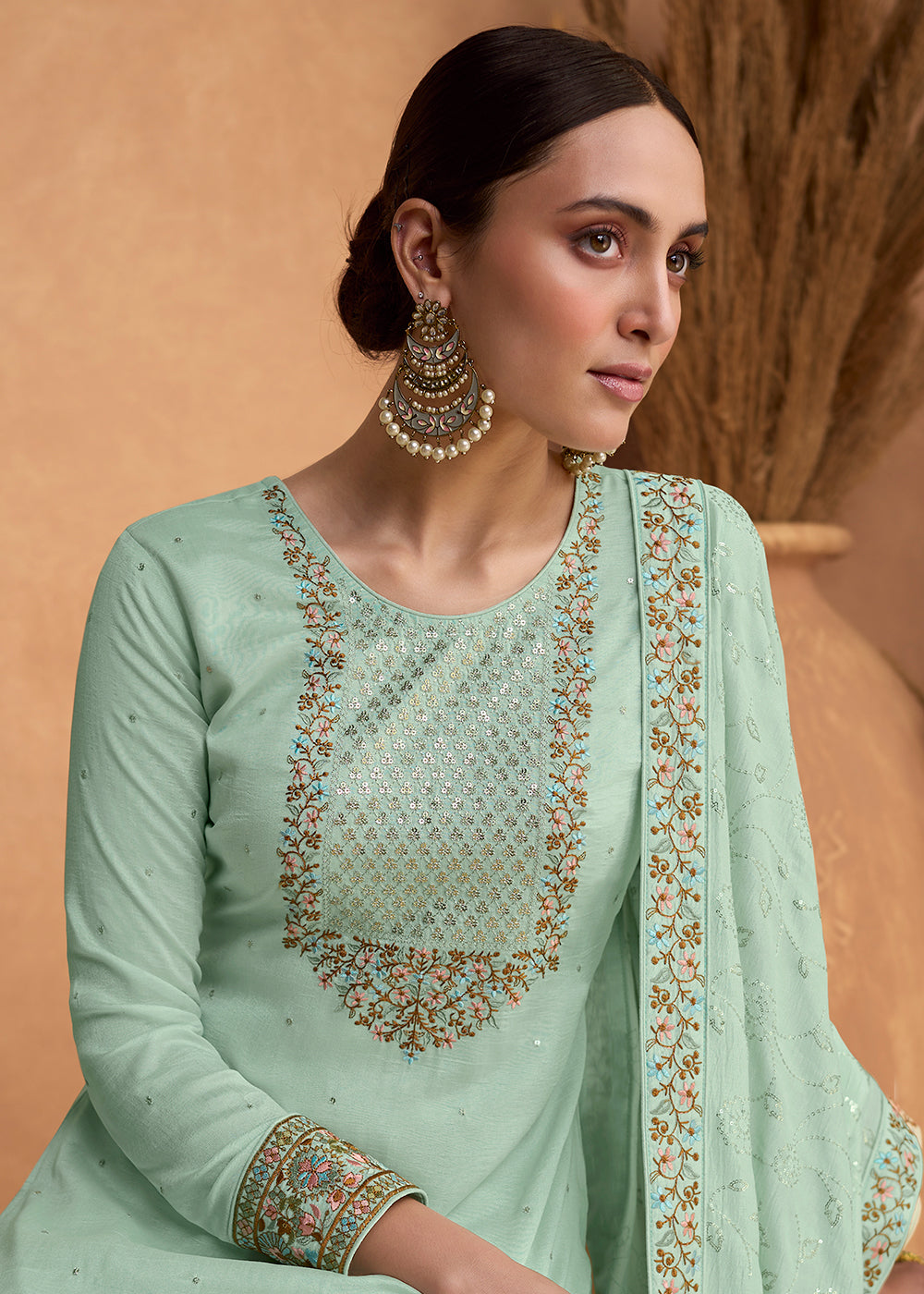 Buy Now Beautiful Sea Green Premium Silk Pant Style Salwar Suit Online in USA, UK, Canada, Germany, Australia & Worldwide at Empress Clothing.