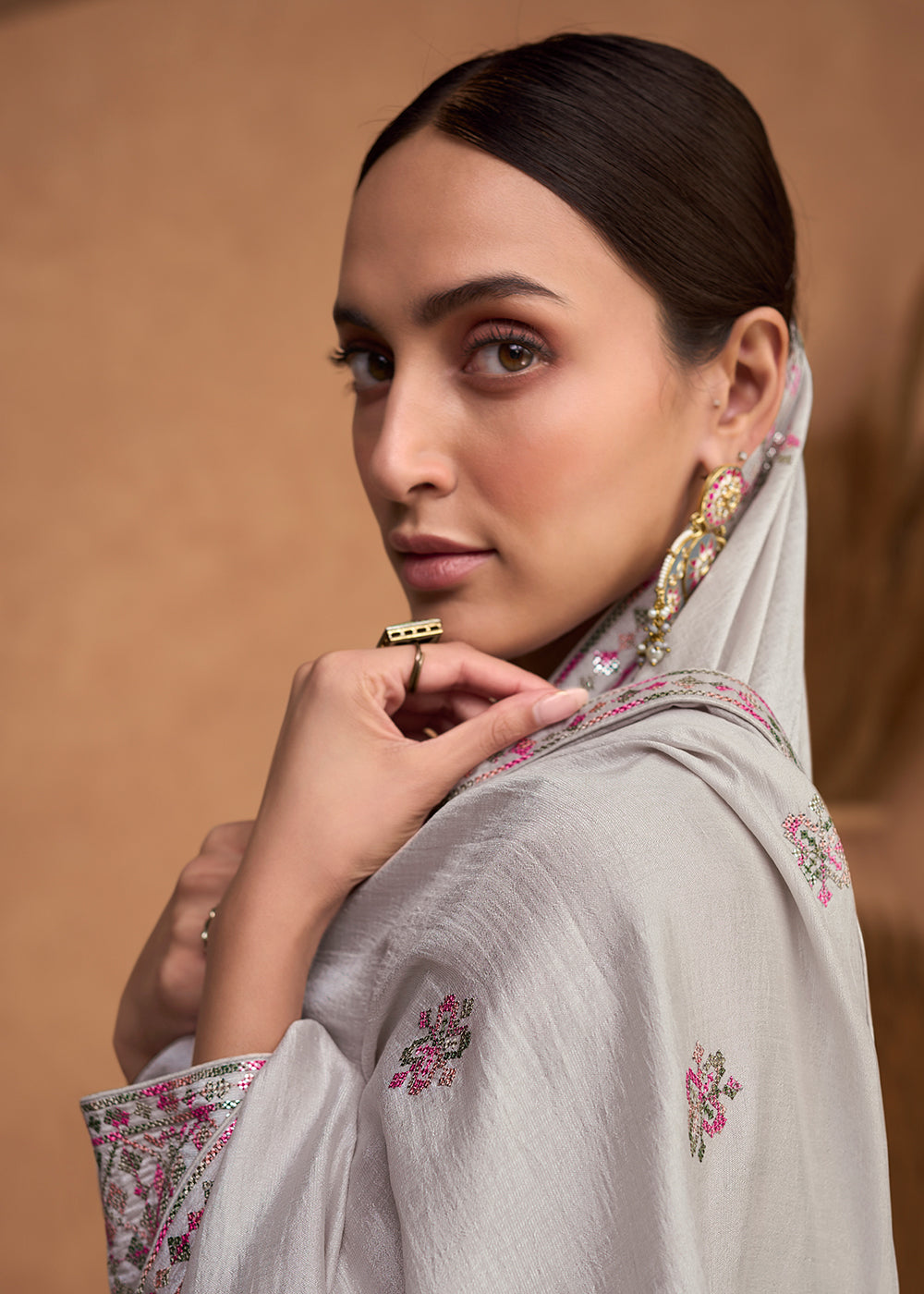 Buy Now Beautiful Slate Grey Premium Silk Pant Style Salwar Suit Online in USA, UK, Canada, Germany, Australia & Worldwide at Empress Clothing.