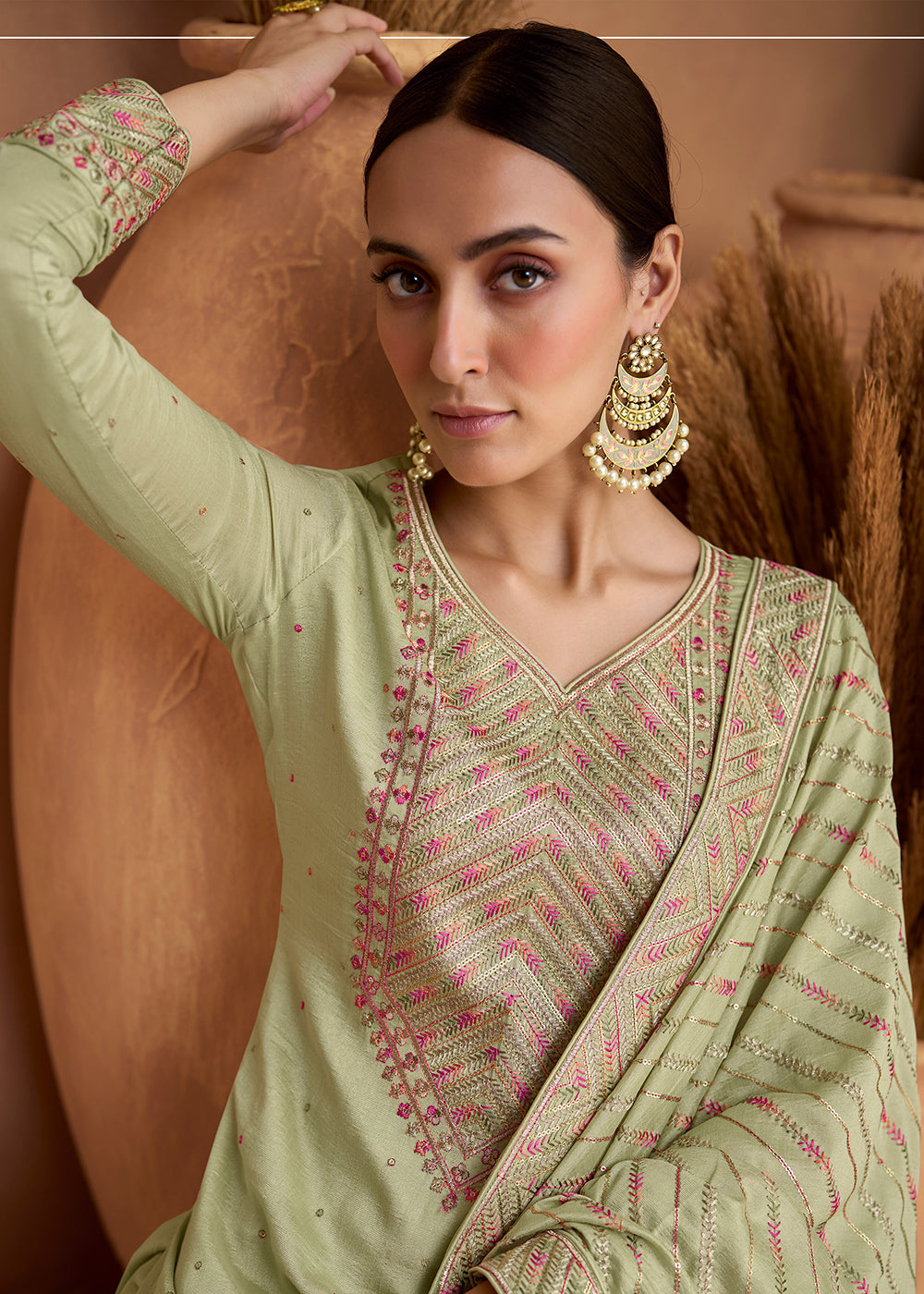 Buy Now Beautiful Light Green Premium Silk Pant Style Salwar Suit Online in USA, UK, Canada, Germany, Australia & Worldwide at Empress Clothing.