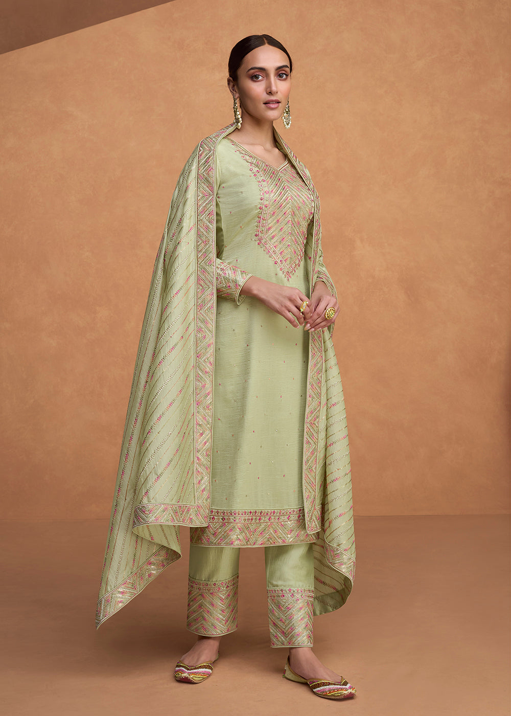 Buy Now Beautiful Light Green Premium Silk Pant Style Salwar Suit Online in USA, UK, Canada, Germany, Australia & Worldwide at Empress Clothing.