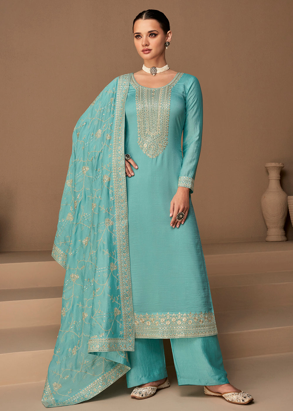 Buy Now Beautiful Aqua Blue & Gold Embroidered Premium Silk Salwar Suit Online in USA, UK, Canada, Germany, Australia & Worldwide at Empress Clothing. 