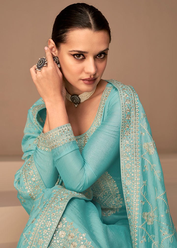 Buy Now Beautiful Aqua Blue & Gold Embroidered Premium Silk Salwar Suit Online in USA, UK, Canada, Germany, Australia & Worldwide at Empress Clothing. 
