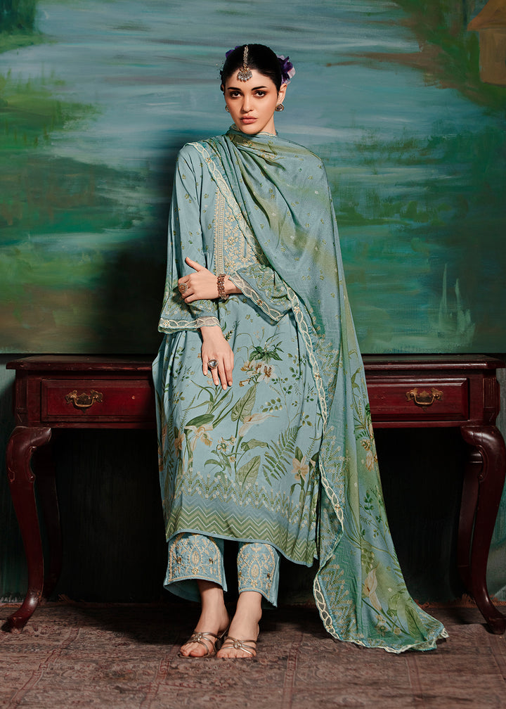 Buy Now Blue Embroidered Muslin Festive Style Salwar Suit Online in USA, UK, Canada, Germany, Italy, France, Austria & Worldwide at Empress Clothing.