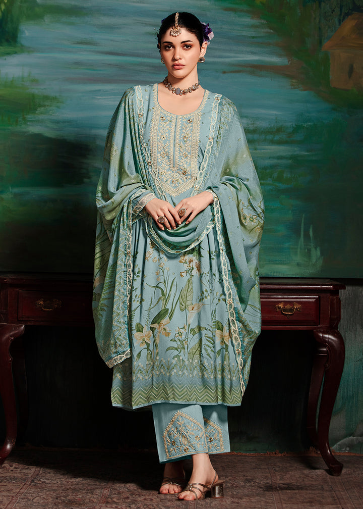 Buy Now Blue Embroidered Muslin Festive Style Salwar Suit Online in USA, UK, Canada, Germany, Italy, France, Austria & Worldwide at Empress Clothing.