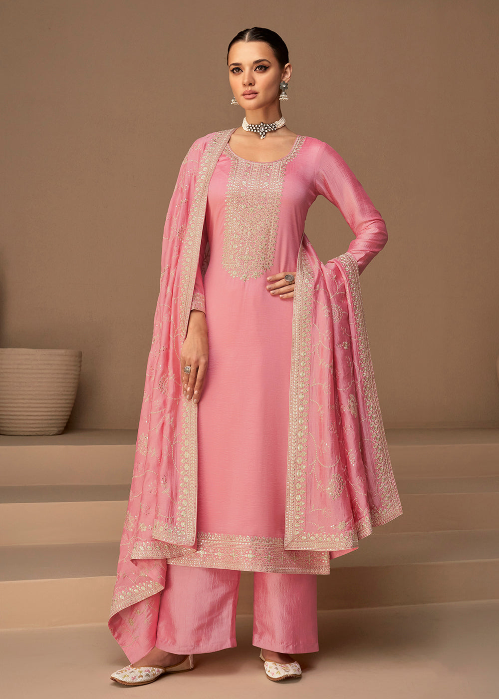 Buy Now Beautiful Rose Pink & Gold Embroidered Premium Silk Salwar Suit Online in USA, UK, Canada, Germany, Australia & Worldwide at Empress Clothing.