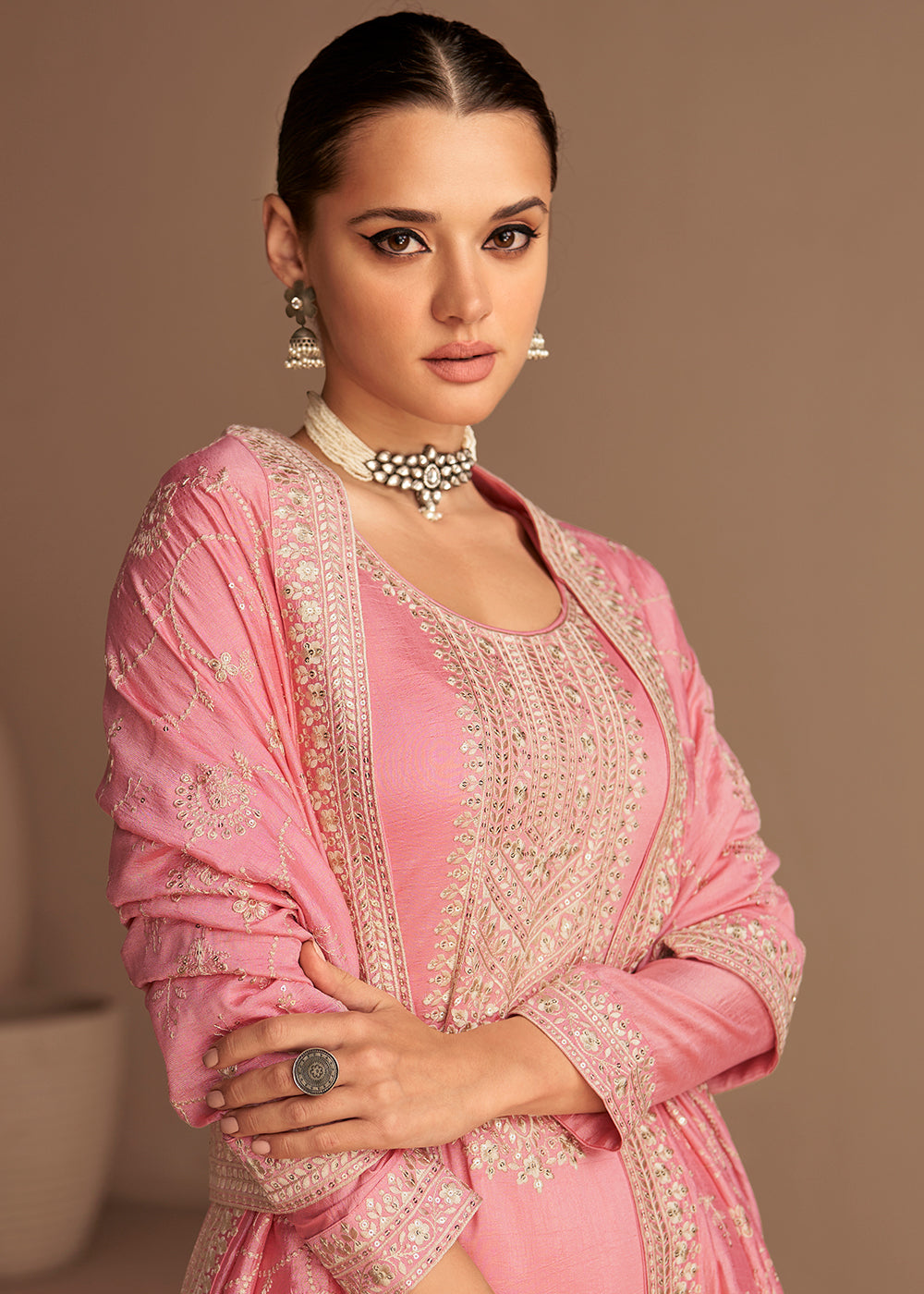 Buy Now Beautiful Rose Pink & Gold Embroidered Premium Silk Salwar Suit Online in USA, UK, Canada, Germany, Australia & Worldwide at Empress Clothing.