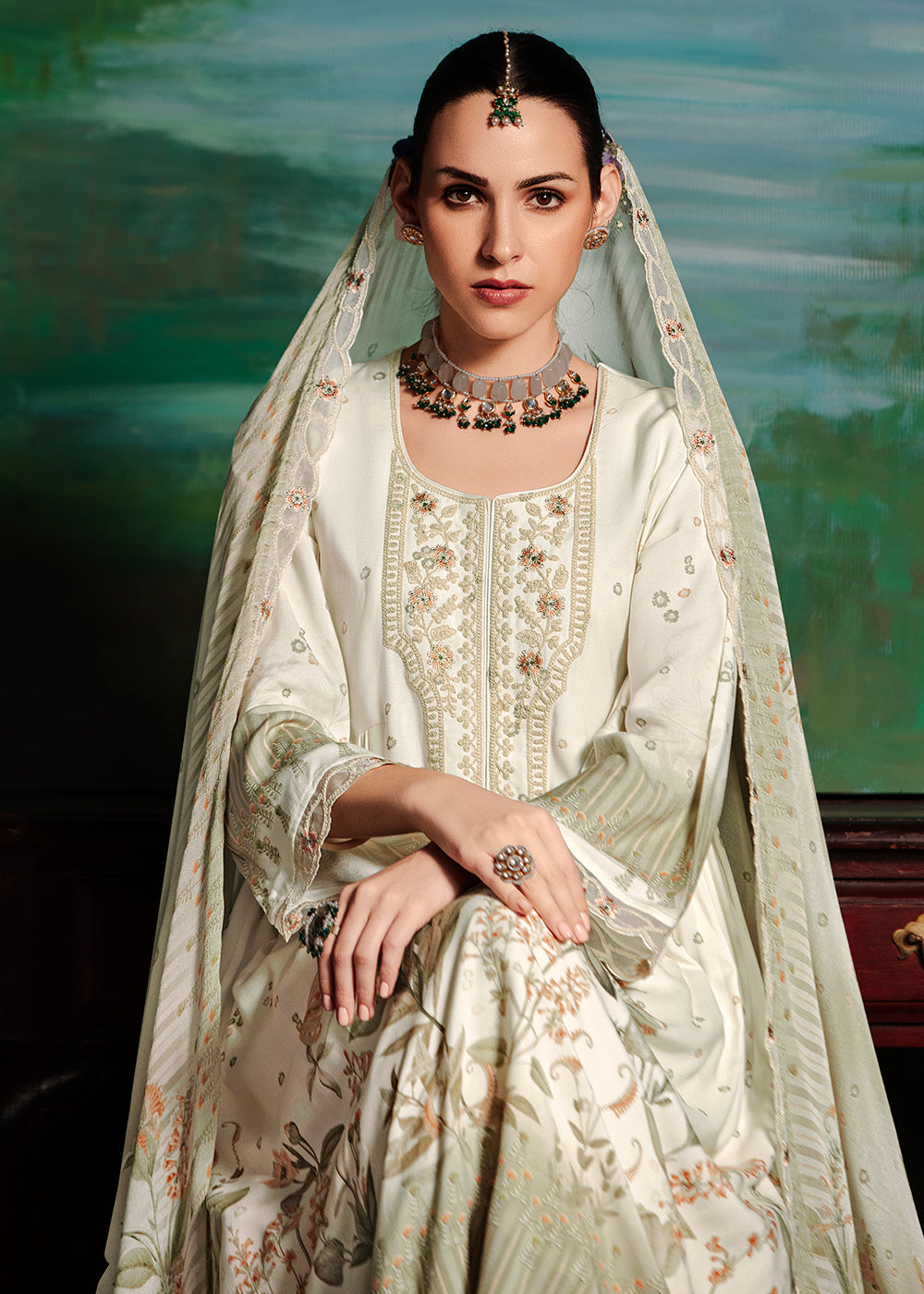 Buy Now Off White Embroidered Muslin Festive Style Salwar Suit Online in USA, UK, Canada, Germany, Italy, France, Austria & Worldwide at Empress Clothing.