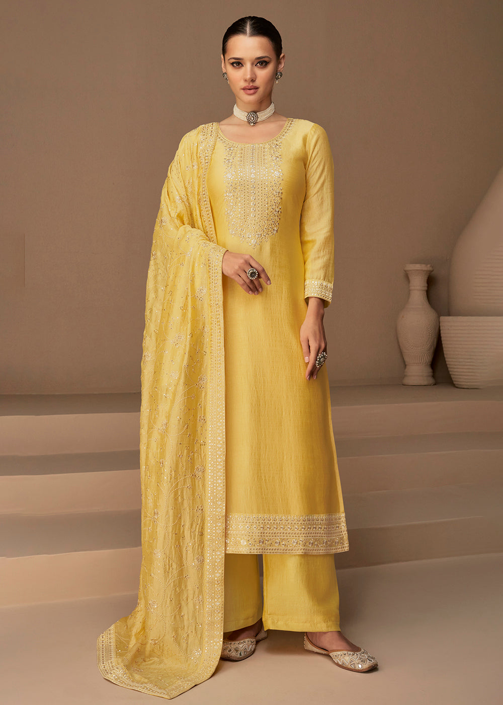 Buy Now Beautiful Bright Yellow & Gold Embroidered Premium Silk Salwar Suit Online in USA, UK, Canada, Germany, Australia & Worldwide at Empress Clothing.