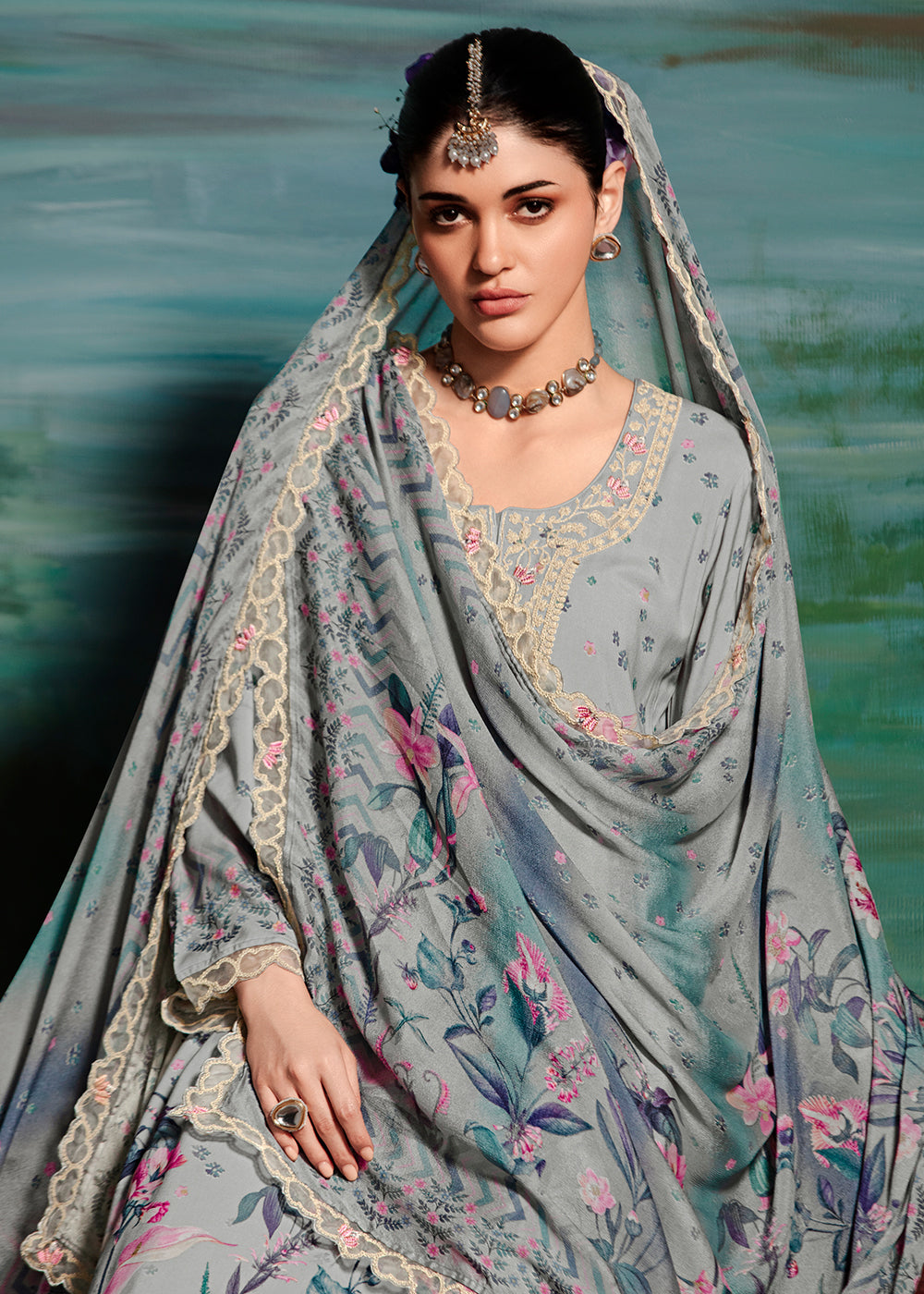 Buy Now Grey Embroidered Muslin Festive Style Salwar Suit Online in USA, UK, Canada, Germany, Italy, France, Austria & Worldwide at Empress Clothing.