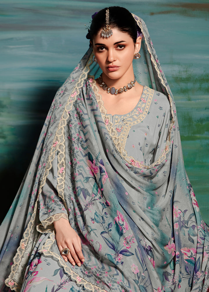 Buy Now Grey Embroidered Muslin Festive Style Salwar Suit Online in USA, UK, Canada, Germany, Italy, France, Austria & Worldwide at Empress Clothing.